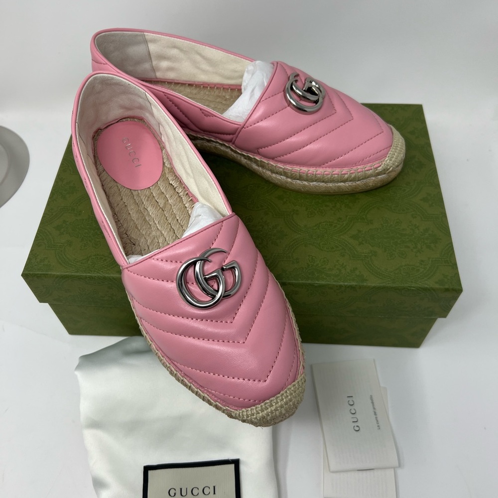 New Gucci Gg marmont double G Pink leather Quilted Charlotte Espadrilles flats - Picture 4 of 9